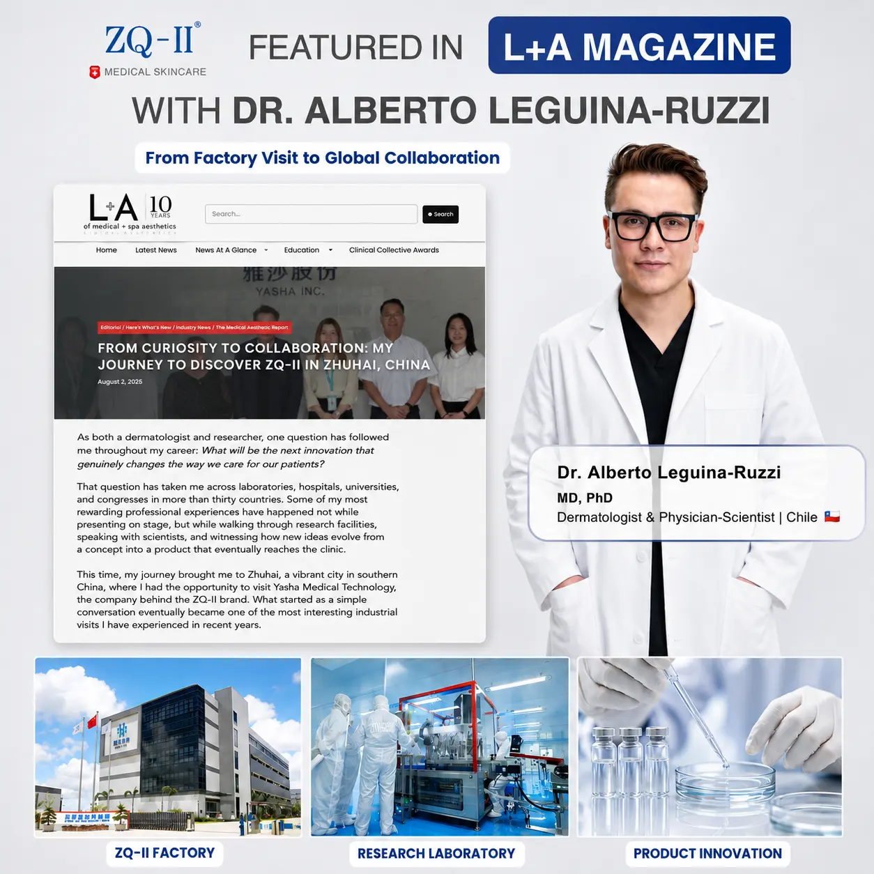 Dr. Alberto Leguina-Ruzzi, MD, PhD's besøg hos ZQ-II Medical Skincare omhandlet i L+A Magazine